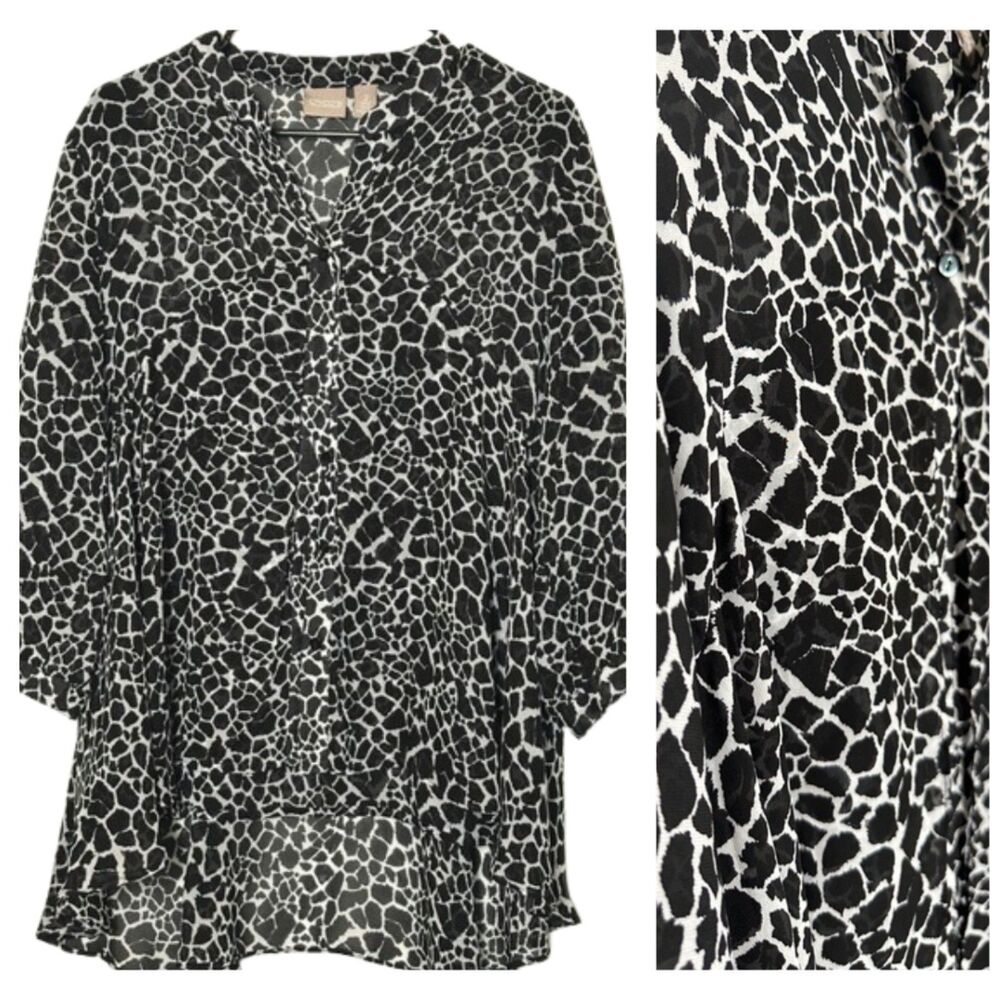 Chico's Animal Print Button Front Tunic Blouse Large Sheer Lined Longline Career